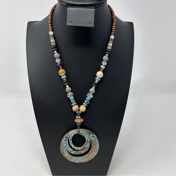 Bohemian Long Blue and Brown Beaded Necklace with Layered Copper Round Medallion - Picture 1 of 7